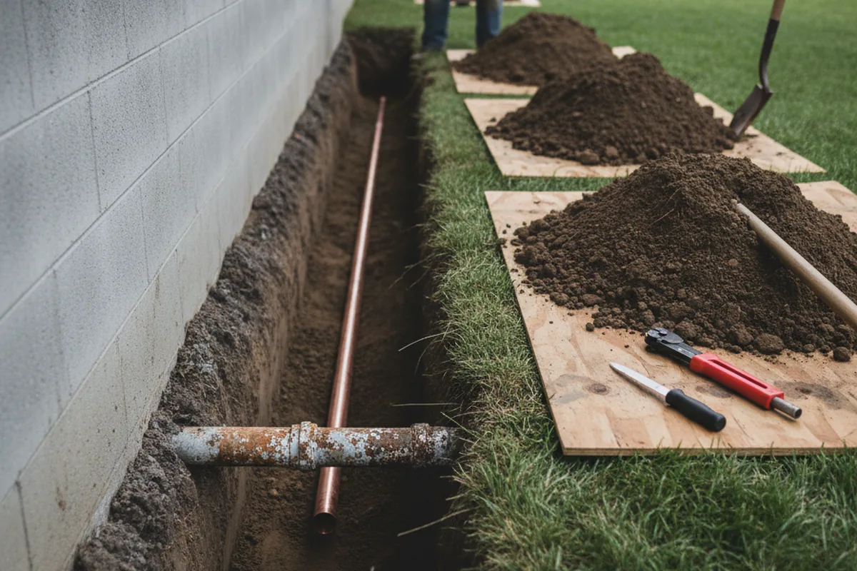 Excavated water line trench during Water Softener Installation in Rutland